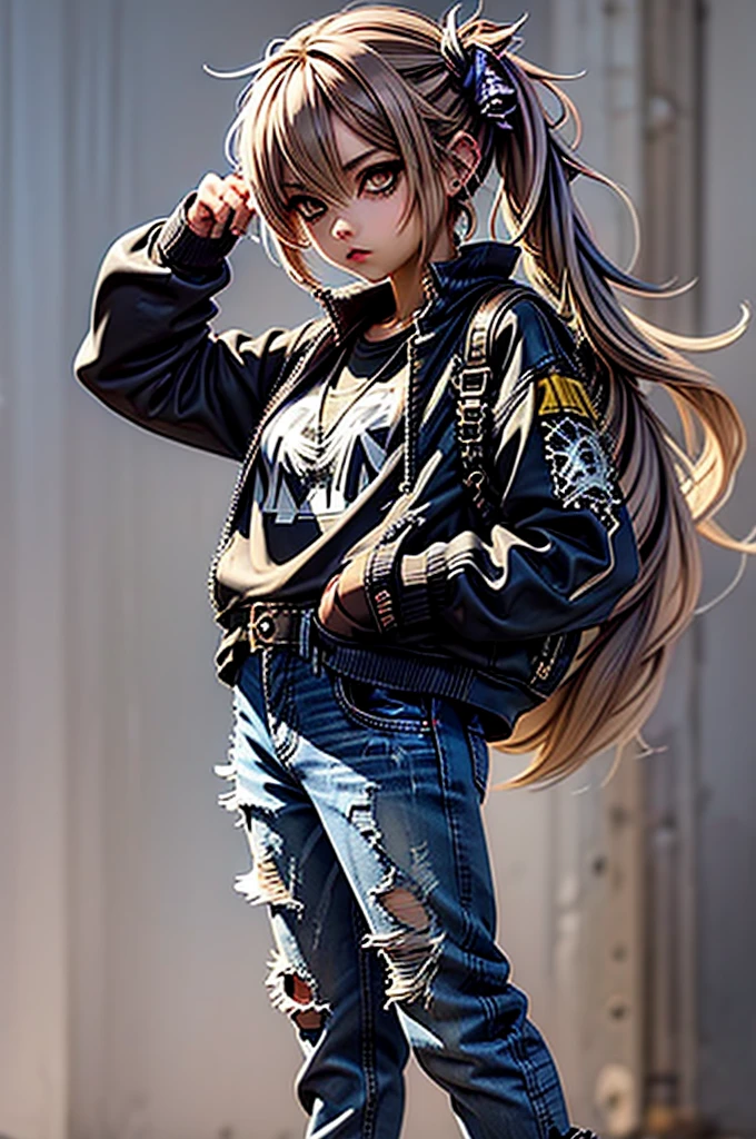 Highest quality:0.8), (Highest quality:0.8), Perfect anime illustration, Bubble gum pop and casual outfit。A girl with a side ponytail and one side completely shaved、Future punkish distressed jeans、Middle finger up。Sneakers that look light on the feet。light blue lip。Sharp Eyes。Overall image of a toned body。Fighting spirit is overflowing。Uses a metal bat as a weapon。