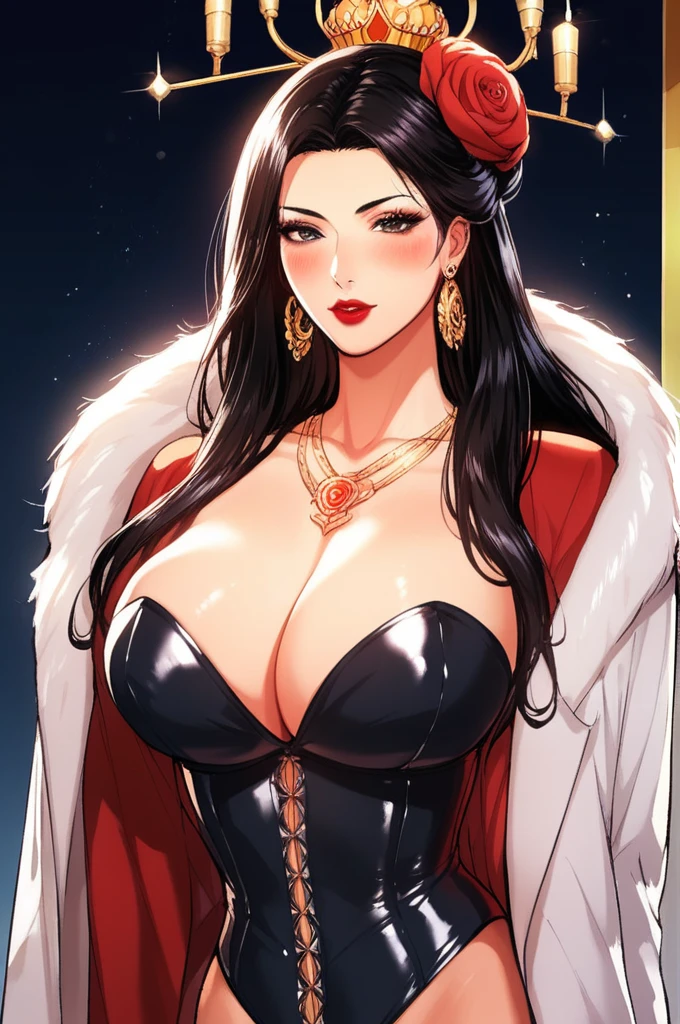 Hot sexy beautiful milf empress of kingdom, big heavy long chandelier earrings,big breast,black hair,free long hair,blush,black eyes,1 girl, necklace ,one hair bun,hair brochure, lipstick, Indian traditional necklace, bangles,queen traditional accessories,rings,corset,furry coat,queens crown,gown,flower brochure,