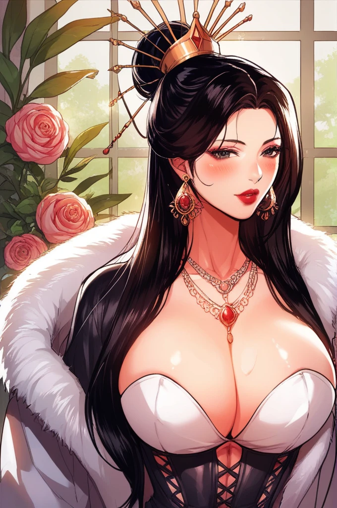 Hot sexy beautiful  empress of kingdom, big heavy long chandelier earrings,big breast,black hair,free long hair,blush,black eyes,1 girl, necklace ,one hair bun,hair brochure, lipstick, Indian traditional  necklace, bangles,queen traditional accessories,rings,corset,furry coat,queens crown,gown,flower brochure,