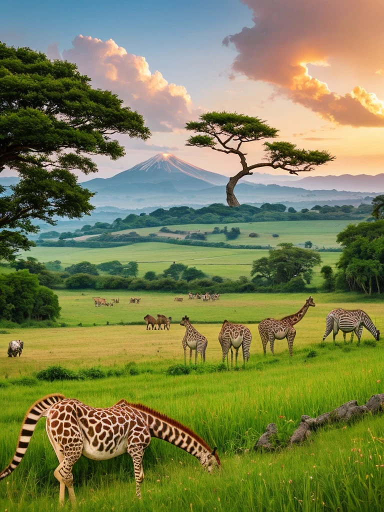 Animals playing in the wide grassland、animal paradise、giraffe、lion、Cheetah、Antelope、zebra、an eagle is flying in the sky、elephant、I can see some green trees、I can see the hut、sunset、A small mountain range in the distance、High color rendering、high detail、Like the photo、(In the center, a super cute Japanese girl is standing with a smile.)