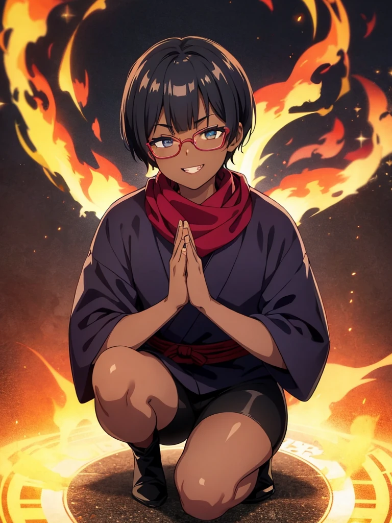 (flat chest:), (masterpiece:1.2), highest quality, High resolution, unity 8k wallpaper, (fine and beautiful eyes:1.6), highly detailed face, perfect lighting, Detailed CG, (perfect hands, perfect ), (1 boy solo:1.4), 20 years old, black hair, extremely beautiful detailfeminine face and eyes, (evil smile:1.4), detailed eyes, best quality,( dark skin:1.8), (turtleneck shirt under yukata:1.2), (bike shorts:1.2), extremely detailed, very precise detailed, (glasses:1.3), blunt bangs, open mouth, (very short pixie cut:1.2), boots,fingerless gloves, smile, (half closed eyes:1.5),(burning fire background:1.3), ,(squat in magic circle on ground:1.1) ,night sky,long sidelocks,(long red Scarf),(yukata),(squatting),(acrobat pose:1.3),(squat:1.3),leaning forward,(one knee dwon:1.5),(Put one foot in front:1.3),(stylish pose:1.4),(Raise only index finger:1.1),(Joining hands:1.5),(retro artstyle:1.2), (1990s \(style\)),(1 magic circle on ground only:1.3),(from above:1.2)