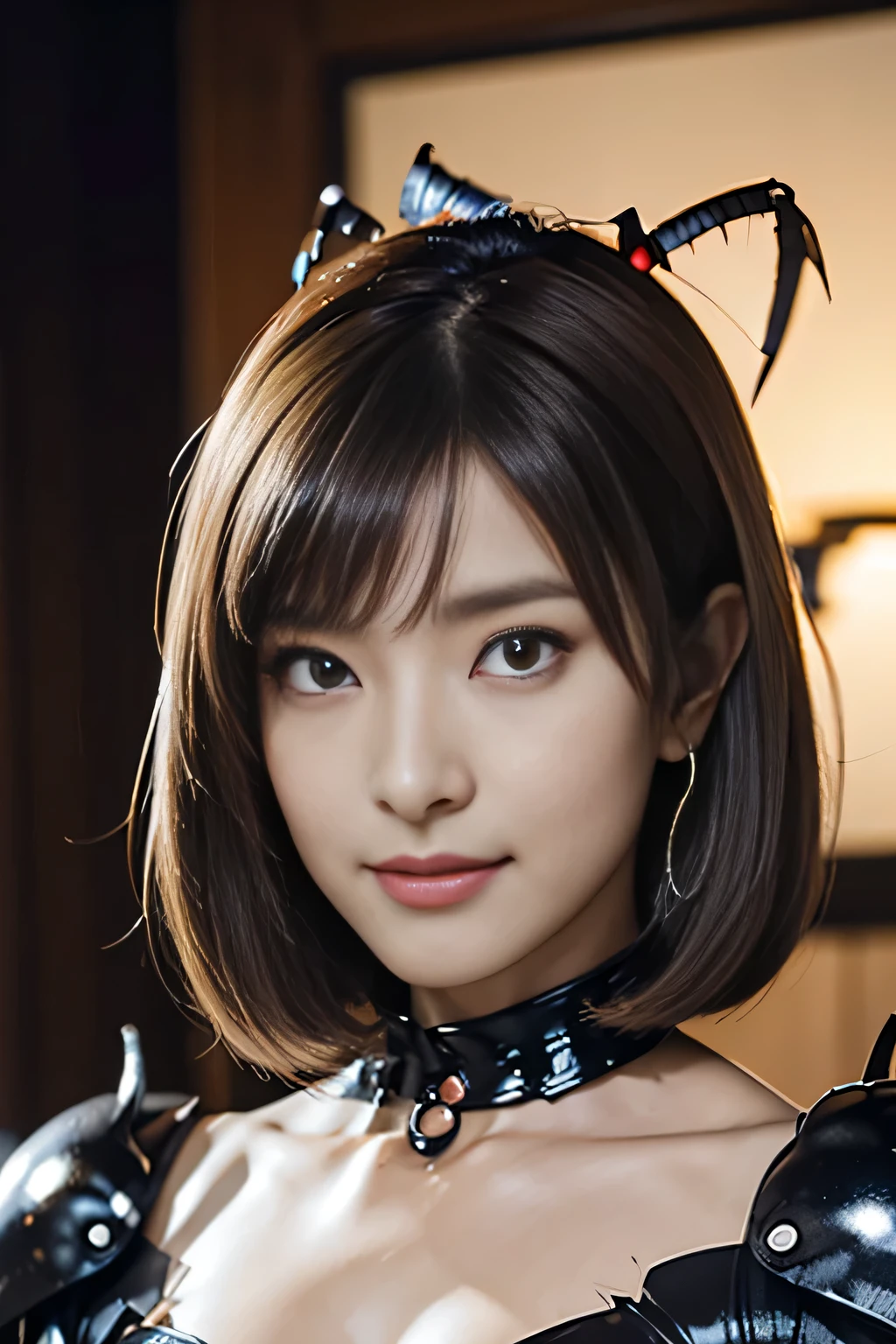 masterpiece、Highest quality、Highly detailed CG、Great details、High resolution、8K Wallpaper、All the intricacies、Super detailed、Super Shining、Oily luster、monster girl、Cockroach and woman fusion、Female cockroach forms、Cockroach woman、Fusion、Acting alone、gal、Perfect female ratio、Wicked Smile、cute、anime face、Antennae of cockroaches、特にOily luster、muscular、Cockroach and exoskeleton suit fusion、Mahogany colored dark skin、Short Hair、bionde、Purple streak hair、crustacean、arthropod、Enemy hideout style background、Background of the evil organization style