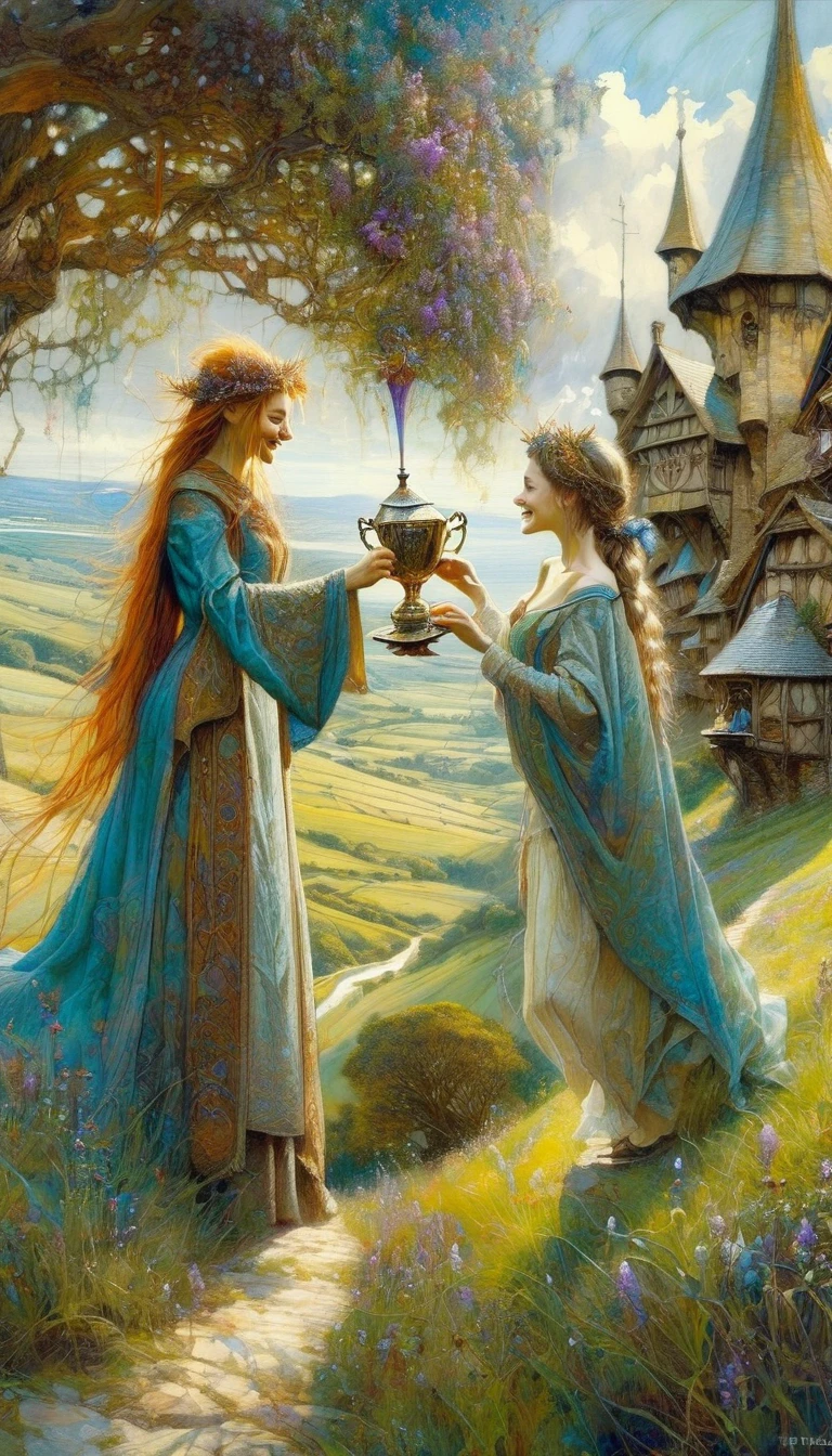 a woman and a girl pass a luxurious cup of liquor from one to another happy, joy, medieval village in landscape view (art inspired by Brian Froud and Carne Griffiths and Wadim Kashin, intricate details, oil painting)