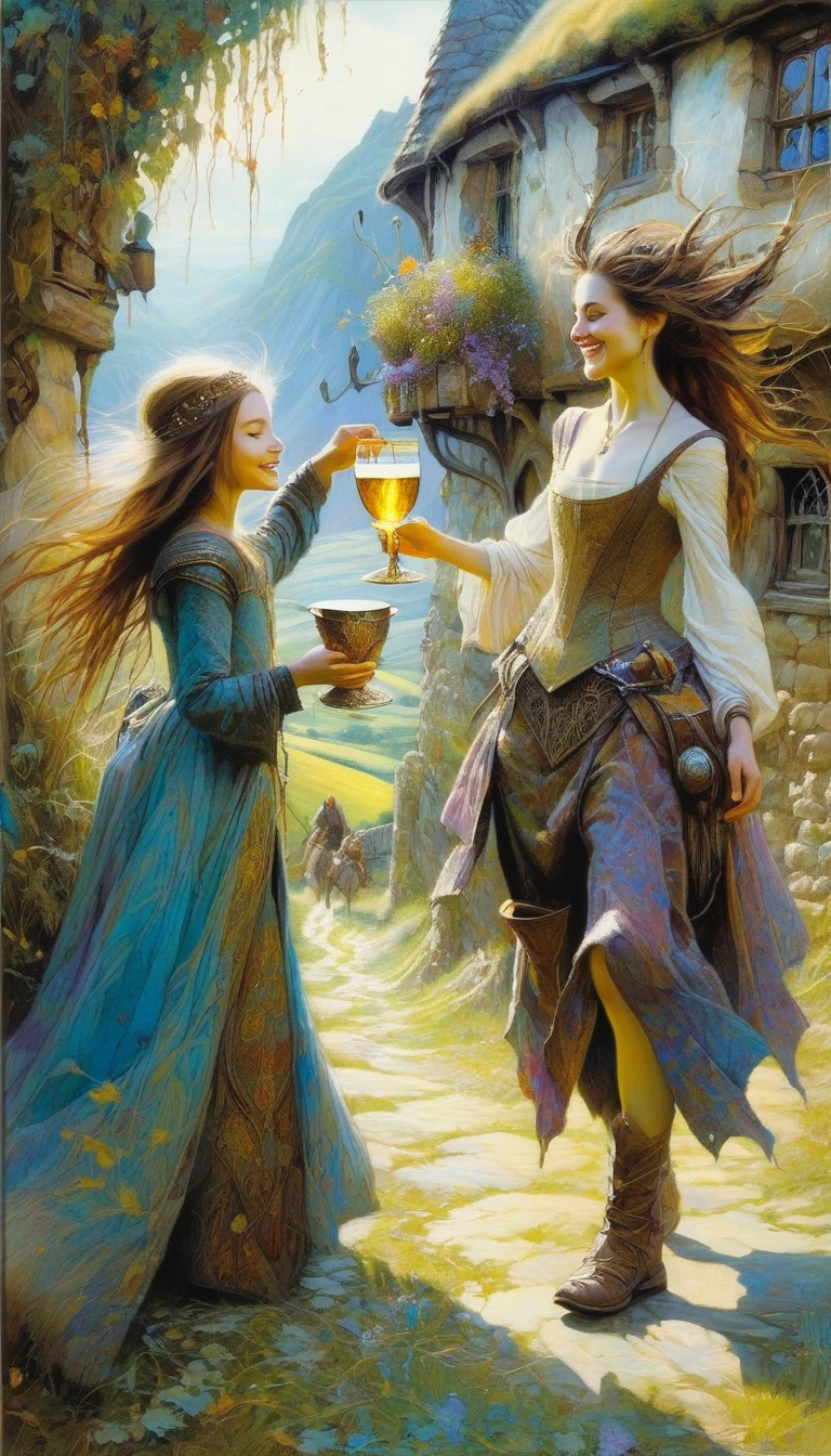 a woman and a girl pass a luxurious cup of liquor from one to another happy, joy, medieval village in landscape view (art inspired by Brian Froud and Carne Griffiths and Wadim Kashin, intricate details, oil painting)
