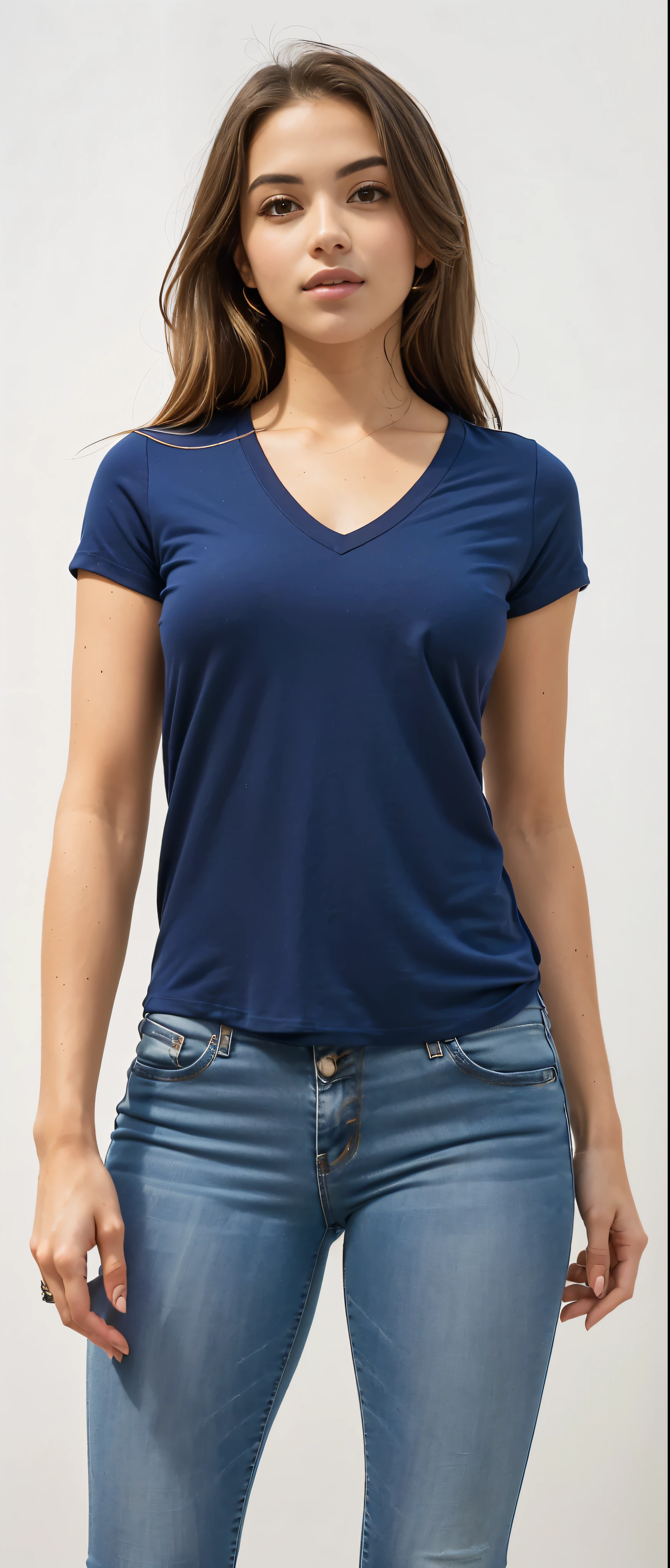 uma mulher vestindo uma shirt blue com decote em V e jeans, t - shirt azul apertada, wearing a V-neck blouse, dark blue shirt, navy blue, mesh shirt, navy shirt, shirt blue, manga curta, navy blue, dark blue, tight shirt, wearing tight shirt, matte navy - blue bodysuit, t - shirt, low-cut top