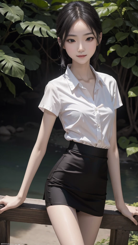 RAW, masterpiece, best quality, extremely detailed, 8k, HDR, photorealistic, intricate, (A skinny Korean girl), (black straight hair), (extremely-slim body), (narrow and small hips:1.3), (extremely-white pale-porcelain skin), smile, standing, outdoors, wearing a (fully buttoned down short sleeves shirt revealing bra), and (extremely-short black microskirt:1.4), (close-up picture)
