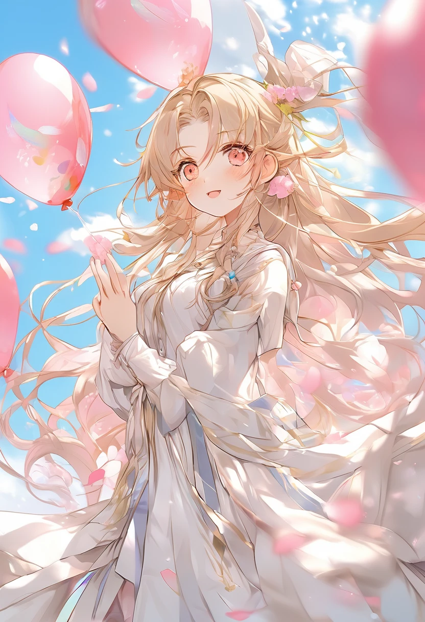 Beautiful face elf、Blonde Long Hair、Pointed Ears、Smiling with teeth showing、The wind is blowing、Background with flying petal balloons、Extremely deep background、Golden Ratio、Golden Ratio、Light pink hair, Pink Eyes, Pink and white, Cherry leaves, Vibrant colors, White Dress, Paint splashes, Simple Background, Ray Tracing, Wavy Hair、Masterpiece、、Ultra-detailed、8K