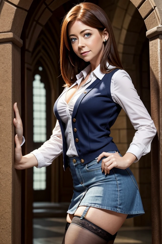 (masterpiece), best quality, expressive eyes, perfect face, alyson hannigan, hogwarts outfit,hogwarts short skirt, curvy, stockings, cleavage, full body photo, open shirt, flirty expression