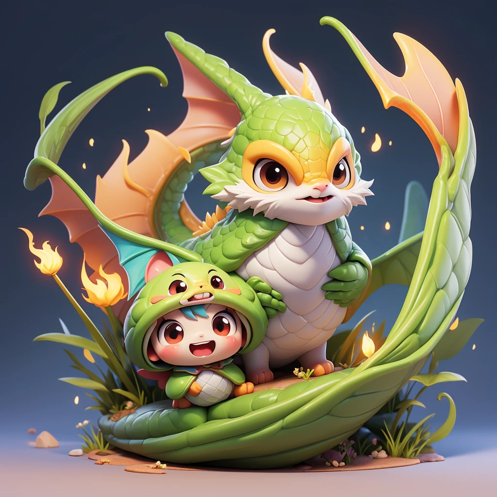 Create an original "yuru-chara" mascot character inspired by a baby dragon. The character should be a small, round dragon with soft, pastel-colored scales and tiny wings. It has big, curious eyes and a playful smile. The dragon is wearing a tiny, cute hat and has a little flame coming from its mouth. The character exudes a playful and adventurous personality, making it perfect for a fantasy-themed park or story. The background should be a simple magical cave or mountain setting.