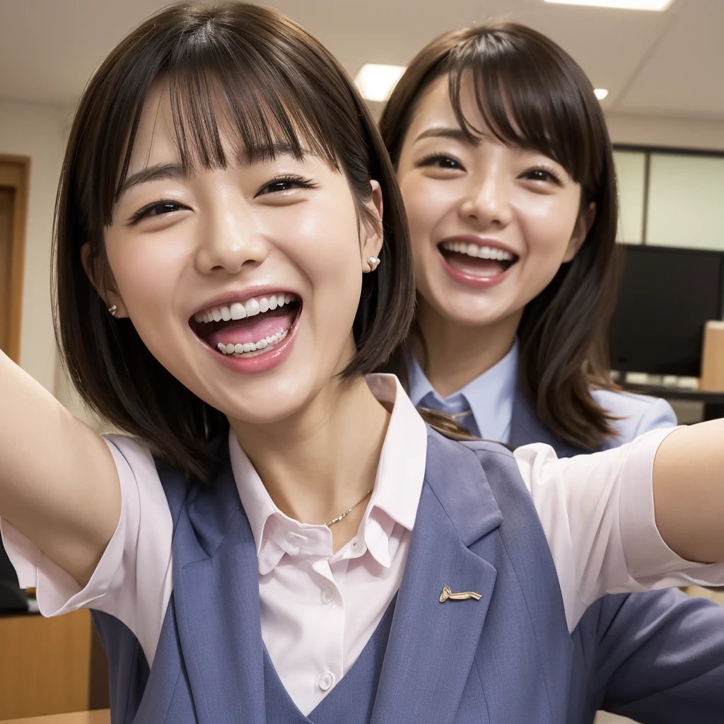 Laughing Japanese office lady、office、masterpiece, Highest quality, Photorealistic、Laughing with your mouth open、Smiling at the camera