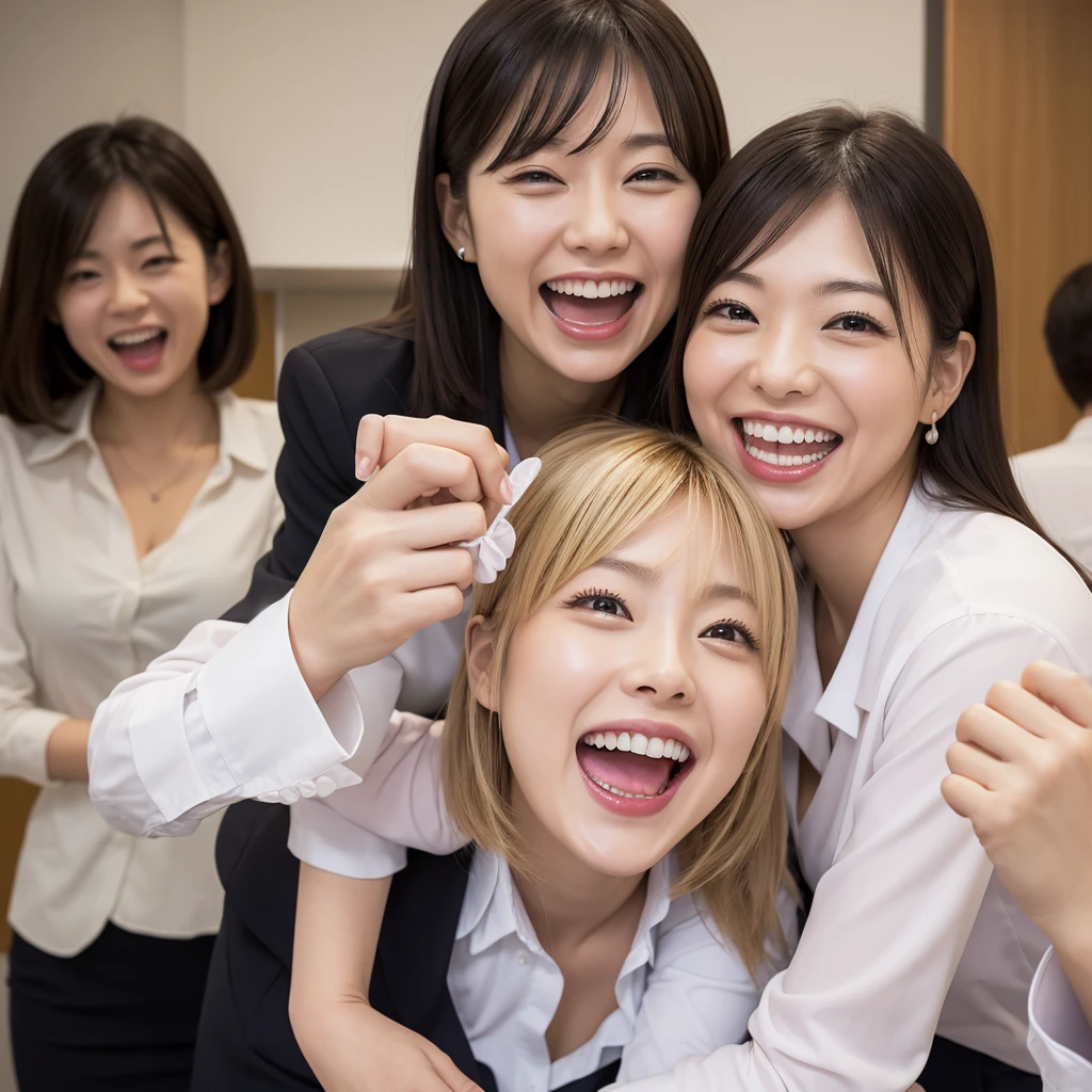 Laughing Japanese office lady、office、masterpiece, Highest quality, Photorealistic、Laughing with your mouth open、Smiling at the camera