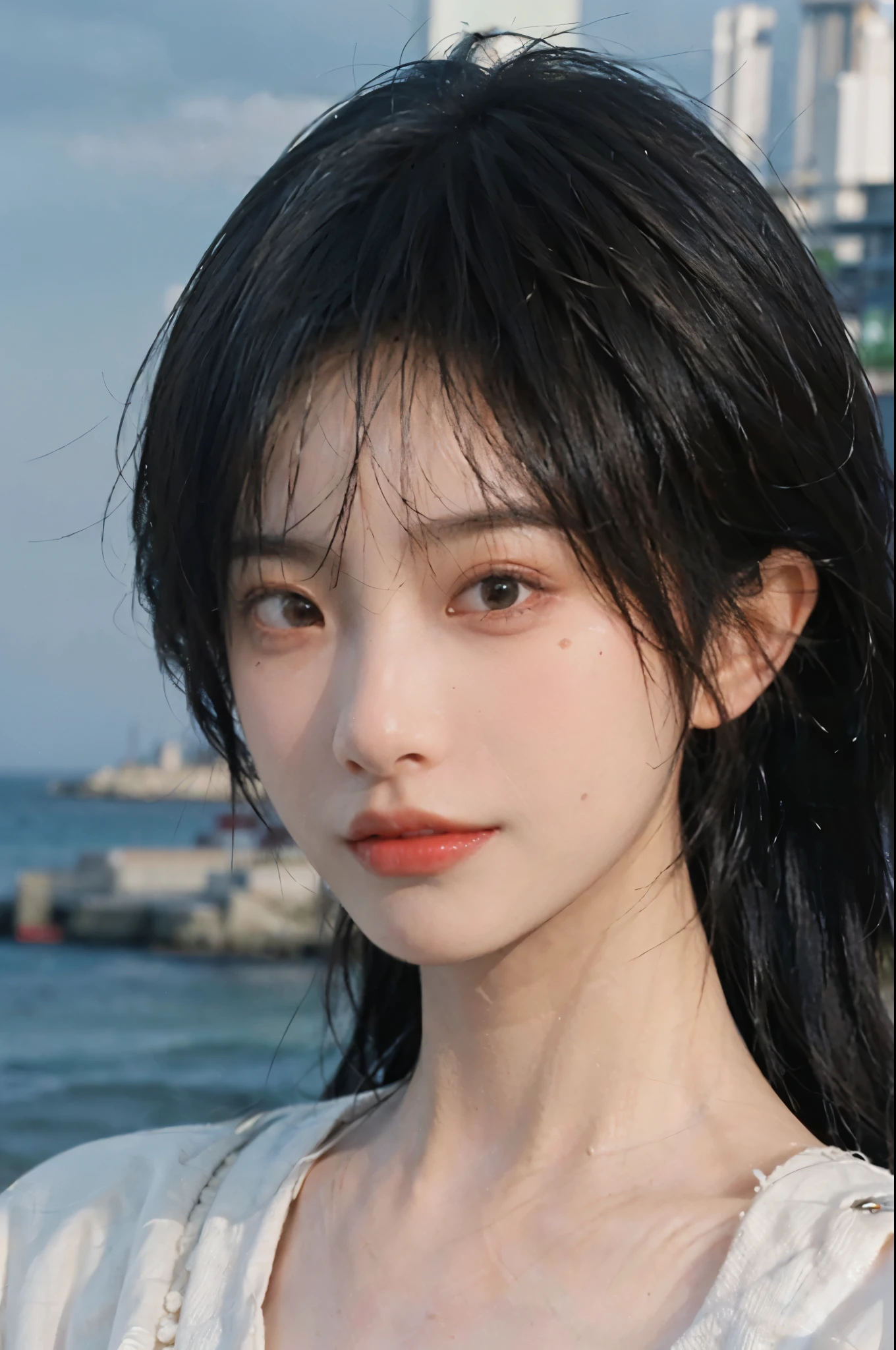 Temperament girl, delicate facial features, bangs, brown ponytail, messy hair, hair is very realistic, wearing a white shirt with short sleeves, the background is the sky, sea view, Du Qiong, exquisite makeup, light red lips, big eyes, double eyelids, black holes, bright eyes, symmetrical face, face is very real, meticulously portrayed the girl's face, blush, super high appearance, looking at the audience, very realistic skin, skin oil reflection, artwork, clothes with real fabric texture, realistic painting, film style, Photography level, ray tracing, realistic light and shadow effects, realism, masterpiece, just like the top photography effect, 8K