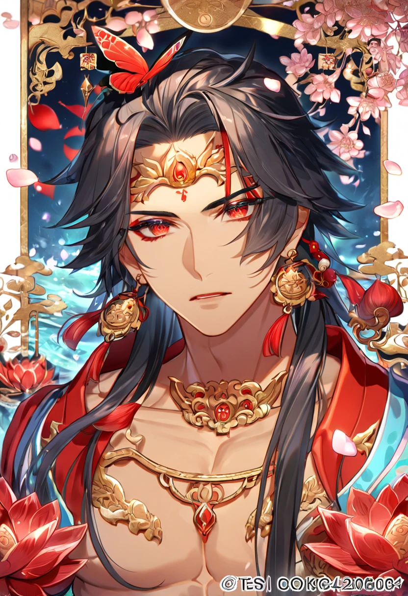 (absurdres, highres, ultra detailed, HDR) master piece, best quality, delicated features, Asura, black long hair, untamed hair, expressive red eyes, Onmyoji, red mark on the forehead, solo, sexy man, handsome, tanned skin, toned chest, red haori, with accessories, jewelry, lotus earrings, patterns, water, magical fantasy, red butterflies, red lotus, petals