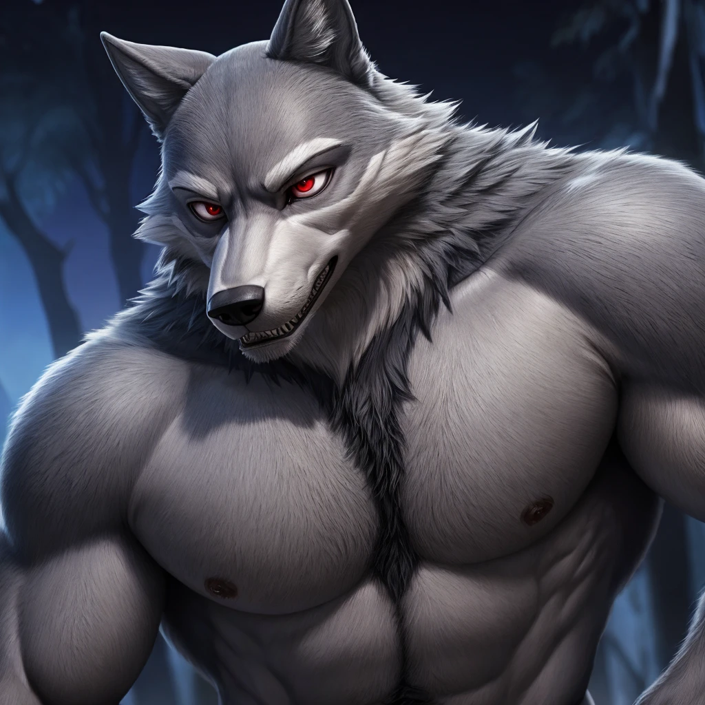 Death is a anthropomorphic silvery-white wolf with an elongated snout, gray mask-like markings on his face, sharp teeth, and glaring sinister red eyes, who has a well-built body, and carries a pair of razor-sharp sickles, anthro wolf, male, adult, grey fur, buffed body, sexy, beefy body, furred body, beautiful, furry chest hair, realistic, full body, photorealistic, ultra realistic, 8k, night, -chested, 