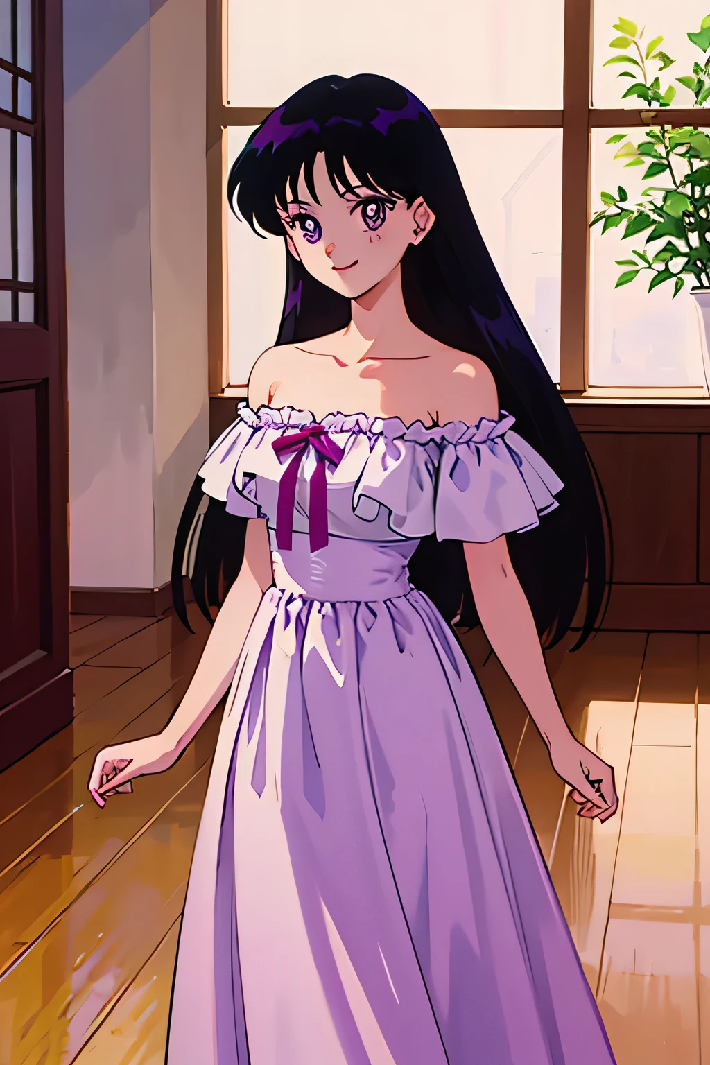 1 girl, solo, Rei Hino, Long Black Hair, Purple eyes, bare shoulders, strapless, off shoulders, white ruffle off the shoulder maxi dress, smile, ballroom, columns, cowboy shot, facing viewer, absurdres, ultra detailed, masterpiece, best quality, ager, window of a purple sundown