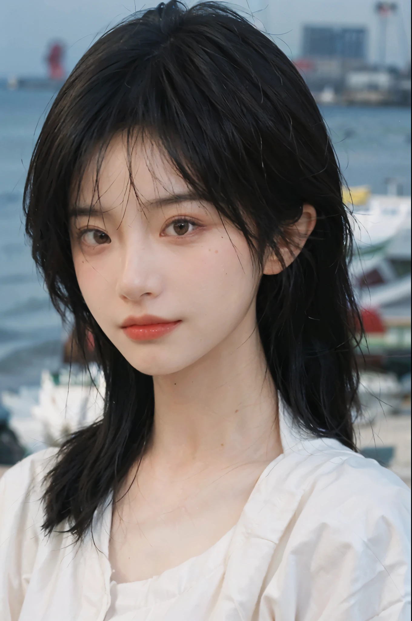 (Skin details:1.4), (Smooth skin texture:1.3), Direct vision, earrings, serene, calm, (Realistic and detailed eyes：1.2）, Natural skin texture, Realistic facial details, Soft dramatic lighting, Vivid details, 35 mm film, outdoor, (Photo actual:1.4), (hyper actual:1.4), (actual:1.3), (Smoother lighting:1.05), (Improve lighting quality:0.9), (Highest quality real skin textures:1.4), Exquisite eyes, Delicate face, (Close-up of face, (Enhance the beauty of skin texture:1.1), Hair details, Noble temperament, Normal body proportions, Seaside background, Portrait Photography, Depth of Field, Bokeh, Surrealism, Ray tracing, (Portrait Photography:1.1), Surrealism, high detail, chiaroscuro, ray tracing, reflection light, UHD, UHD, masterpiece, textured skin, super detail, high details, high quality, best quality