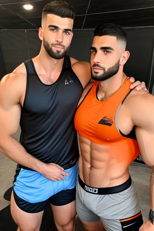 2 men, photo realistic. A lean, tall, athletic 22-year-old handsome Caucasian man, with fade-cut brown hair, and blue eyes, wearing an orange tank top with a black stripe, and black athletic shorts, passionately kissing an athletic 21-year-old handsome Middle Eastern man, with short, fade-cut brown hair, and brown eyes, wearing a slate tank top, and gray athletic shorts, on a sports field, at dusk. They are grabbing each other's hard, bulging cocks. Sexy, romantic, masculine.
