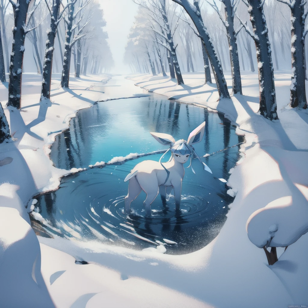 glaceon, snow,pokemon \(creature\),animal,  full body, tree,, (masterpiece, best quality,absurdres: 1.2),, perfect hands,, masterpiece,best quality,ultra-detailed,very detailed illustrations,extremely detailed,intricate details,highres,super complex details,extremely detailed 8k cg wallpaper