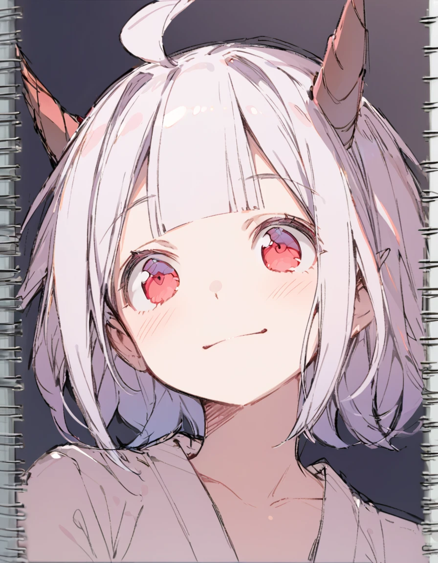 Unicorn girl(Sketches), (Open Close), (Small body), (White Hair:1.5） (Short Hair:1.4), (Red eyes)(Blunt bangs:1.3)（unicorn horn:1.6）Laugh innocently
