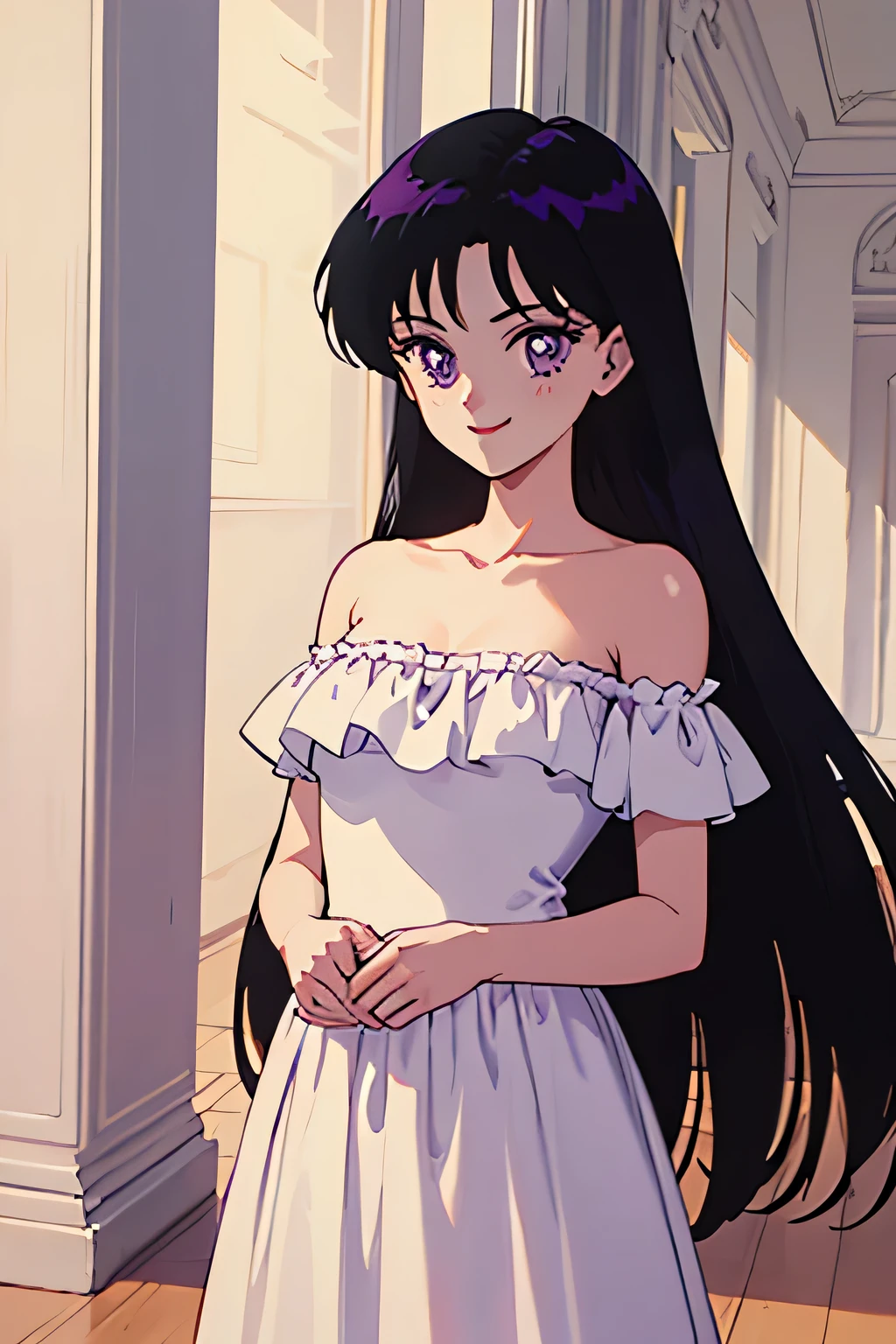 1 girl, solo, Rei Hino, Long Black Hair, Purple eyes, bare shoulders, strapless, off shoulders, white ruffle off the shoulder maxi dress, smile, ballroom, columns, cowboy shot, facing viewer, absurdres, ultra detailed, masterpiece, best quality, ager, window of a purple sundown