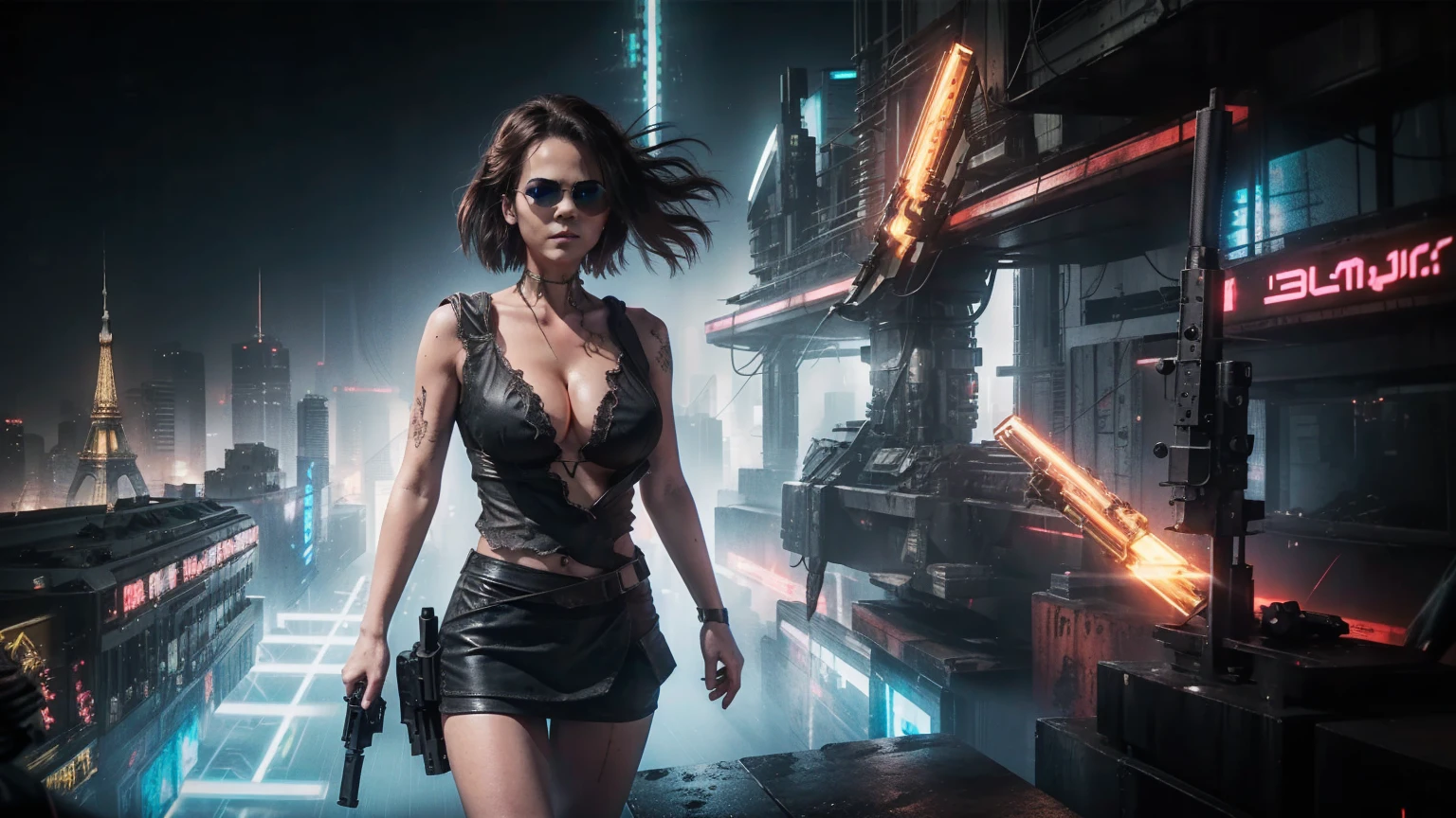 Close-up, a beautiful French woman, tattered clothes, wild long hair, tattered clothes , cleaveage, action movie scene, Dystopian Dinner Cinematic Blade Runner, natta, busy with neon signs, blade runner aesthetics,  film cinematography, gangue trash, attractive person, High emphasis on detail, wearing weather technology equipment, gangue trash, full of life, gangue trash, action movie shot by Kon Satoshi, style semi impasto, dark ink, Atmospheric, Ablaze, lighting dramatic, Beautiful  eyes, symmetric eyes, perfects eyes. Matrix style, (((Matrix cascading code))), (((a futuristic twin tower skyscraper with a unique twisted design))), (((OLED GUI interfaces in the building))), at night, (((((1girl, solo))))), photo realistic, (((((((large-breast:1.1 slim body, cleavage:1.4))))))), (((((off broken mini sling-shirt and black sling , extreamly short pleated  exposing ))))), (((((running pose))))), (((((((matrix style black micro sunglasses))))))), ((((((((((aiming with a short gun)))))))))), (((((looking at camera))))), (((very low view))), (((((half-body thigh level medium shot))))), (((cinematic lighting))).