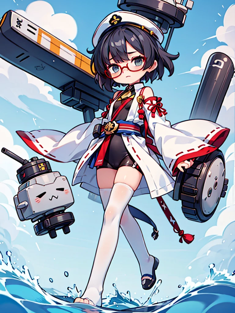 ((((Full body of a woman with perfect flat chest、solo、Short unkempt black hair、white military jacket、Miko costume、tights、Black glasses、White military cap、Cloudy eyes、Sleepy expression)))), (((masterpiece))), (((Shipgirl))), ((Floating on the morning sea with both feet)), (Spread your legs wide open), (Hold the turret with your right hand), (Mechanical arms extending from the waist are used to equip the ship with battleship equipment.), (Equipped with a turret on the back), (Holds the turret with his left arm), Shotgun shells are attached to the thigh with a belt, Spreading the Machine&#39;s Wings, Machine tail,  shotgun, 