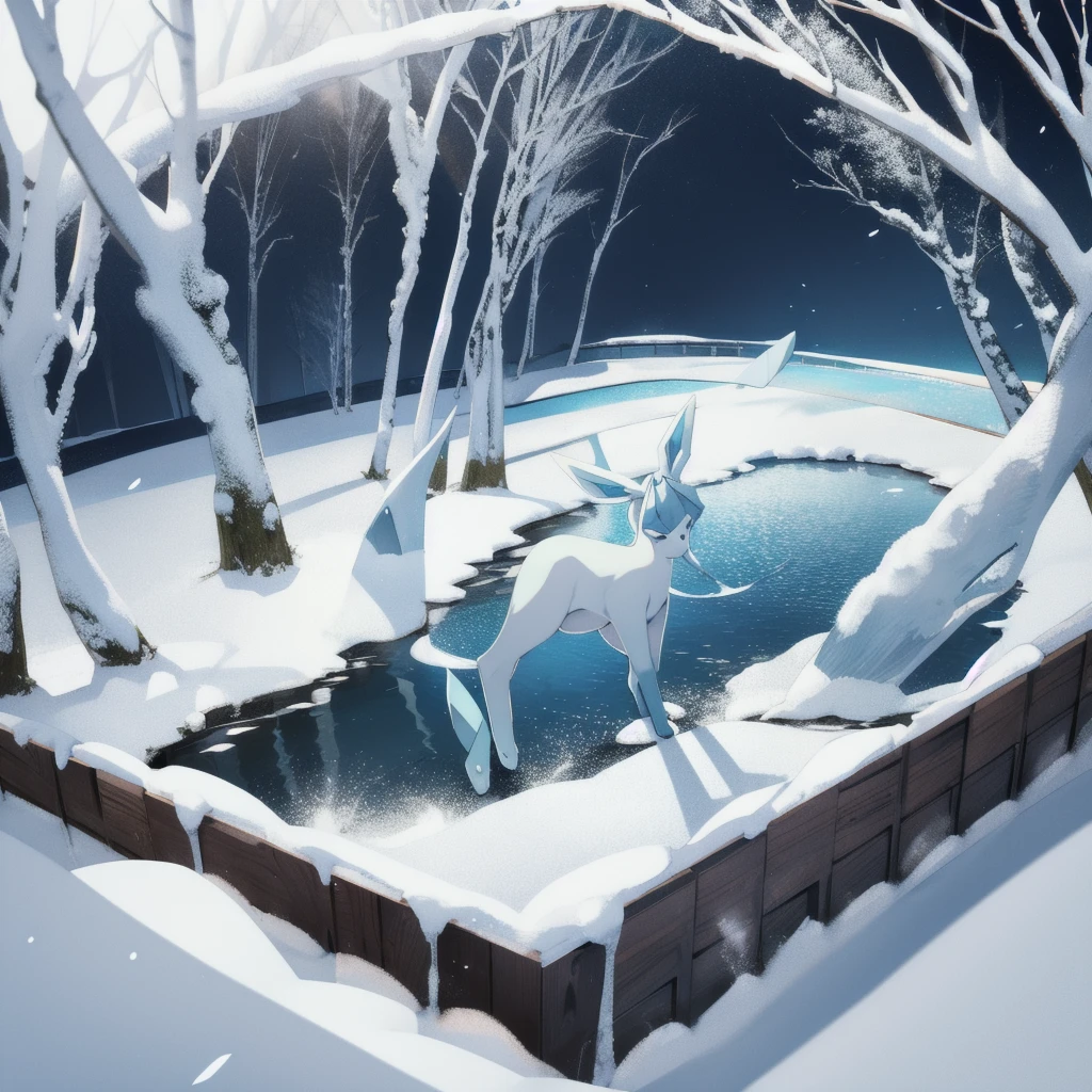 glaceon, snow,pokemon \(creature\),animal,  full body, tree,, (masterpiece, best quality,absurdres: 1.2),, perfect hands,, masterpiece,best quality,ultra-detailed,very detailed illustrations,extremely detailed,intricate details,highres,super complex details,extremely detailed 8k cg wallpaper