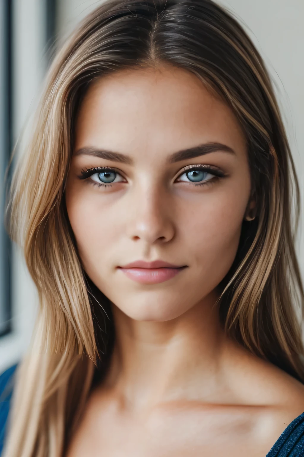 RAW close-up portrait of face and breast,  a 19 years old white girl, long blond hair, ((busty)), Best quality, Highly detailed face,, corrugated, (woman with dark blue eyes) in an apartment, (naked), detailed (textures!, Hair!, brightness, color!, imperfections:1.1), highly detailed bright eyes, (Looking at the camera), specular lighting, digital SLR, ultra quality, sharp focus, sharp, DOF, film grain, (center), Fujifilm XT3, crystal clear, center of frame, Cute face, sharp focus, daylight