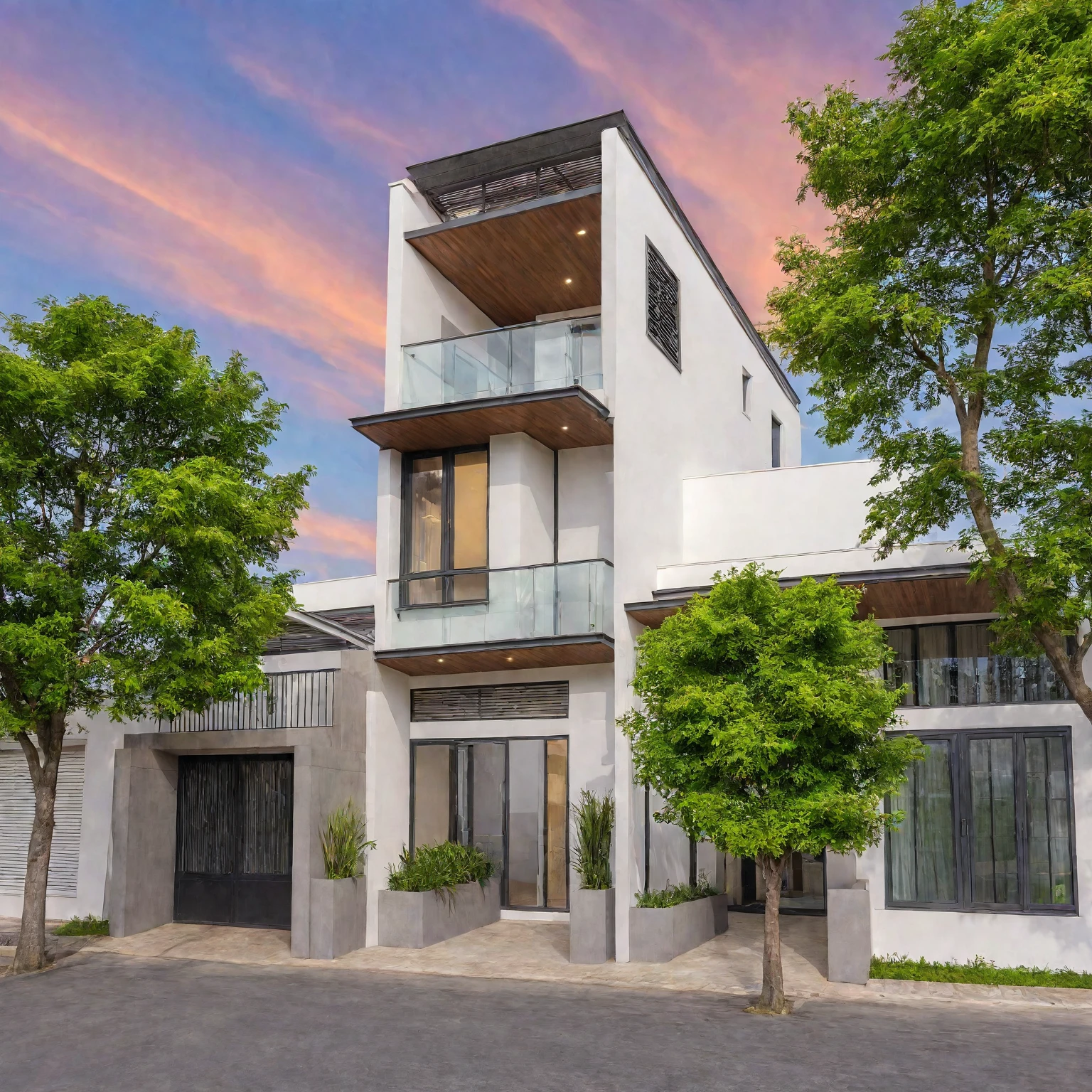 Masterpiece, high quality, best quality, authentic, super detail, outdoors, house style modern, bietthuhn, white wall, glass windows, gate road, pavement, grass, trees, Beautiful_sky, SUNSET, (day:1.1), realistic lighting