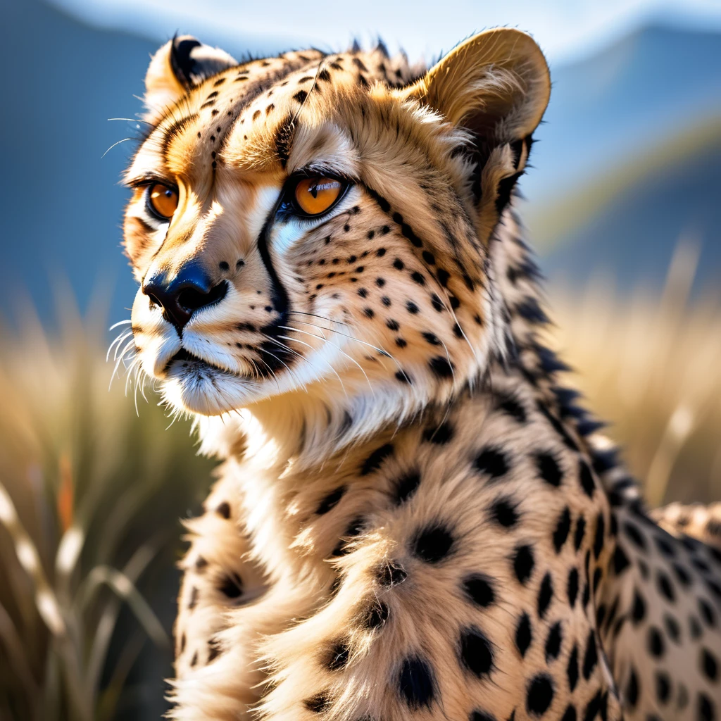 Cheetah、Art of Brut Style、portrait of animal、detailed fur texture、Natural lighting、Bright colors、Dynamic pose、Strong gaze、Powerful predator、Photorealistic、8K、High resolution、Highest quality、masterpiece