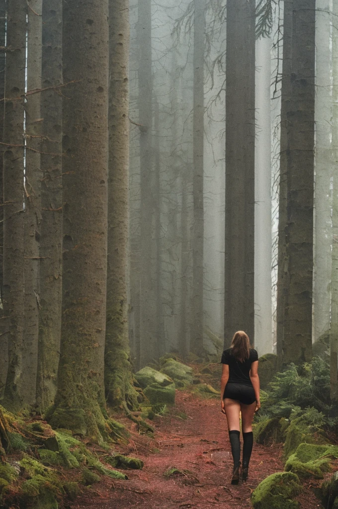 women photos back view of woman Short sleeve t-shirt Black lace panties in a dense forest with tall trees. Mysterious, scary, faint mist
