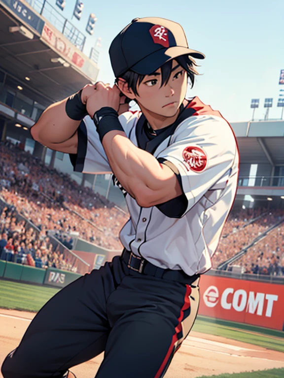 "Create a realistic image of Takefusa Kubo playing as a shortstop in a baseball game. He should be wearing a professional baseball long pants uniform, He should be wearing a professional baseball glove,wearing a professional baseball cap,positioned in the infield ready to field a ground ball or make a throw to first base. The background should feature a baseball field stadium of fans. 