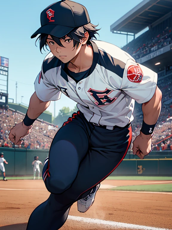 "Create a realistic image of Takefusa Kubo playing as a shortstop in a baseball game. He should be wearing a professional baseball long pants uniform, He should be wearing a professional baseball glove,wearing a professional baseball cap,positioned in the infield ready to field a ground ball or make a throw to first base. The background should feature a baseball field stadium of fans. 