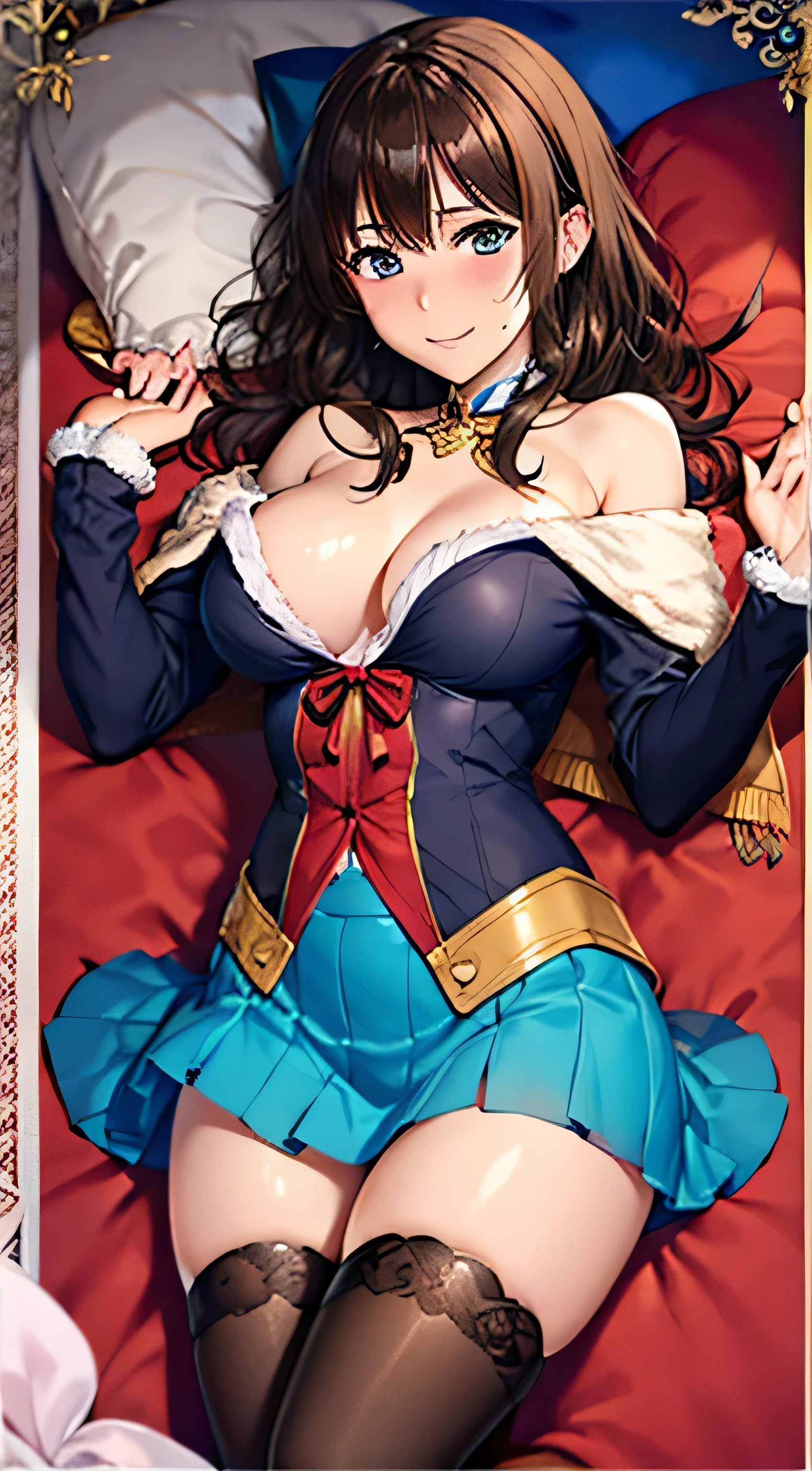 ((Tabletop, Highest quality, High resolution, , Pixel Perfect, 4K, ))), Beautiful woman,, alone, beauty、The whole body is visible、 (((Sexy Witch Cosplay), Long dark blonde wavy hair、Off-the-shoulder jacket, Dark blue flared skirt、Black knee-high stockings、No bra、、Mid-wave hair, bangs, Brown Hair)), ((Brown eyes, Beautiful eyelashes, Realistic eyes)), ((Detailed face, Blushing:1.2)), ((Smooth texture:0.75, Realistic texture:0.65, Realistic:1.1, Anime CG Style)), Center of chest, Dynamic Angle, Perfect body, ((,)), 、、Very embarrassing panic smile, 、Princess Bedroom in Castle、On the bed、Lying in bed、look up、(Nipples are visible, 、、、、、Pink lace panties、)、Angle from below