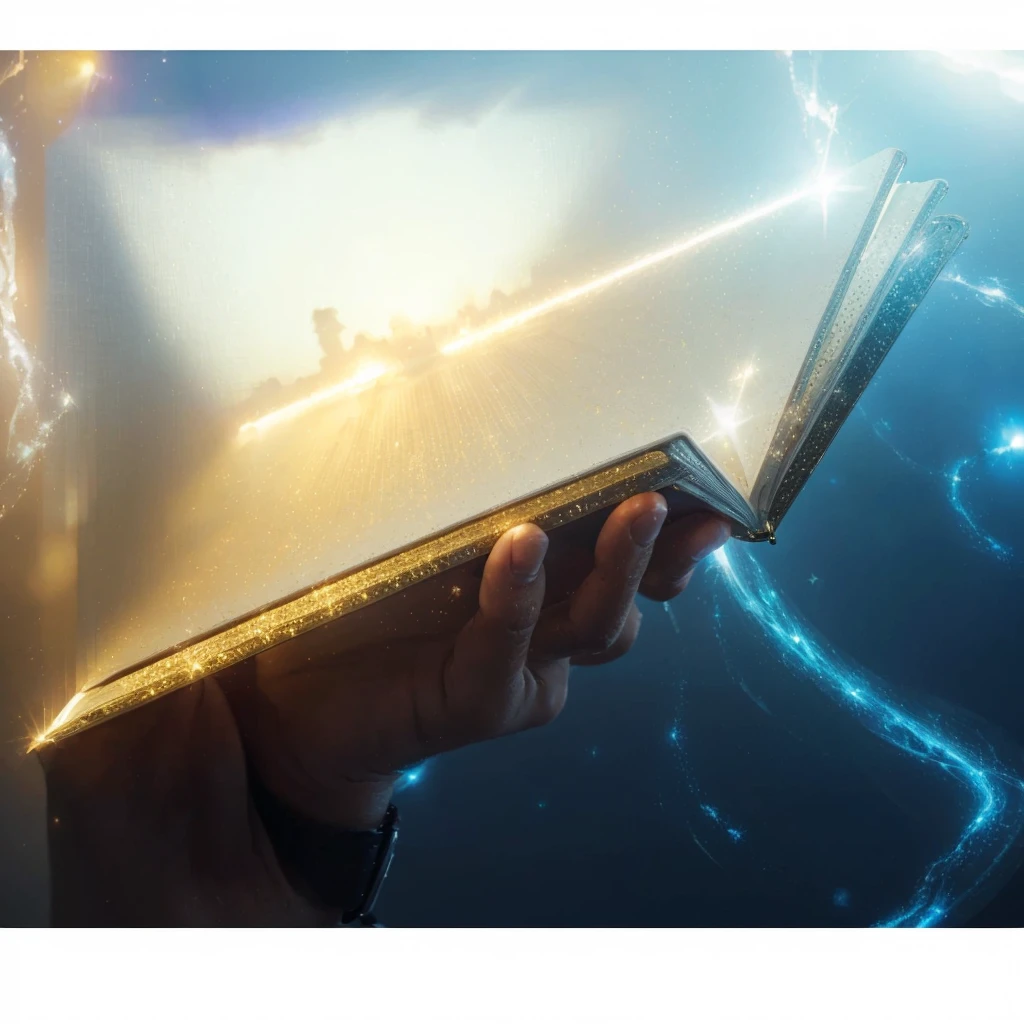 An open notebook with a gold glitter cover, radiating white light from the center, is held by the hand of an old man. Photorealism, full view, highly detailed image, very realistic, hyperrealism, Ultra HD, 8k, 5, sharp focus, intricate and mysterious masterpiece. (Long exposure photography Highly detailed close-up portrait art illustration: final quality, medium shot, backlit, Rich and eye-catching. Enigmatic and mysterious manipulations (composition of the rule of thirds), ((detailed environment with strong lines) The best quality, in camera, white light, warm and clean aesthetics, dazzling screen composed of millions of brilliant ultraviolet rays, HDR.