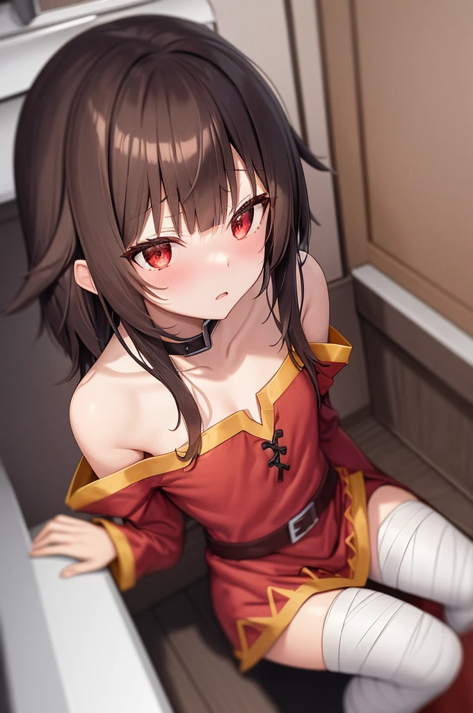 Megumin, One girl,alone,Short and long hair,Brown Hair,Red Eyes,Small breasts,clavicle,Red dress,Gold border,Black choker,Bandage on leg,Sitting shyly,Spread your legs,Western-style toilet,Toilet,Inside the private toilet,
