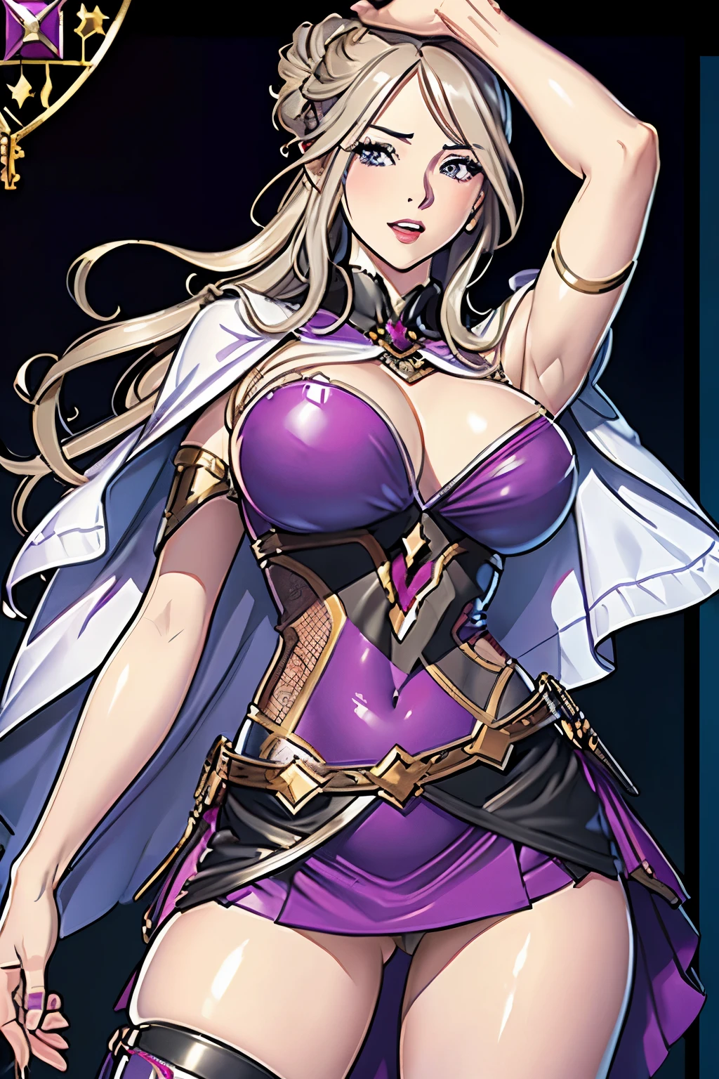 masterpiece, Highest quality, One adult woman,Very detailed,Rin々Nice face,Open Mouth Smile,White, pink, and purple adventurer uniform,Medieval Europe,Show your armpits,Black eyes,The dignity of a hero,tattoo,Cape,Legs visible through the skirt,Natural Beauty,Cinematic,Medium cleavage,