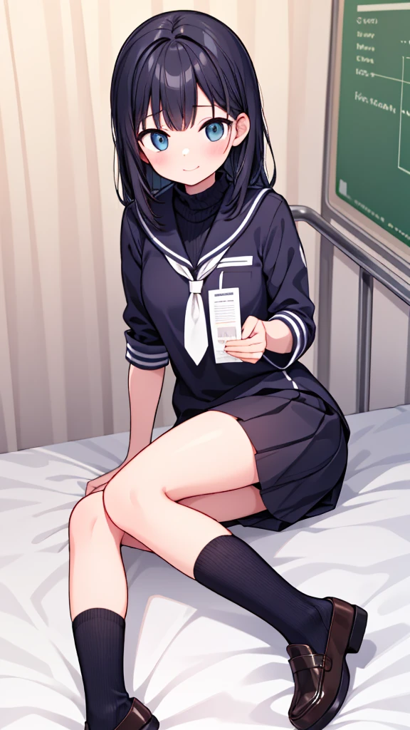 (unity 8k wallpape),(best quality),(high resolution),(ultra-detailed),(perfect anatomy),(beautiful detailed eyes),1girl,(Dimly lit motel room),((Sit on the bed:1.3)),Bedside table,((There are three one-dollar bills on the bedside table.:1.3)), BREAK Bought Girl,Unbelievable beautiful girl,15yo,blackhair,,Sailor suit,Navy Skirt,White socks, body,(Holding a smartphone in one hand:1.3),(Sit with your legs apart),(White panties),A tense look,Look down,The eyes are looking at me,Photograph the whole body, BREAK (On the table are three coins and a camera.),