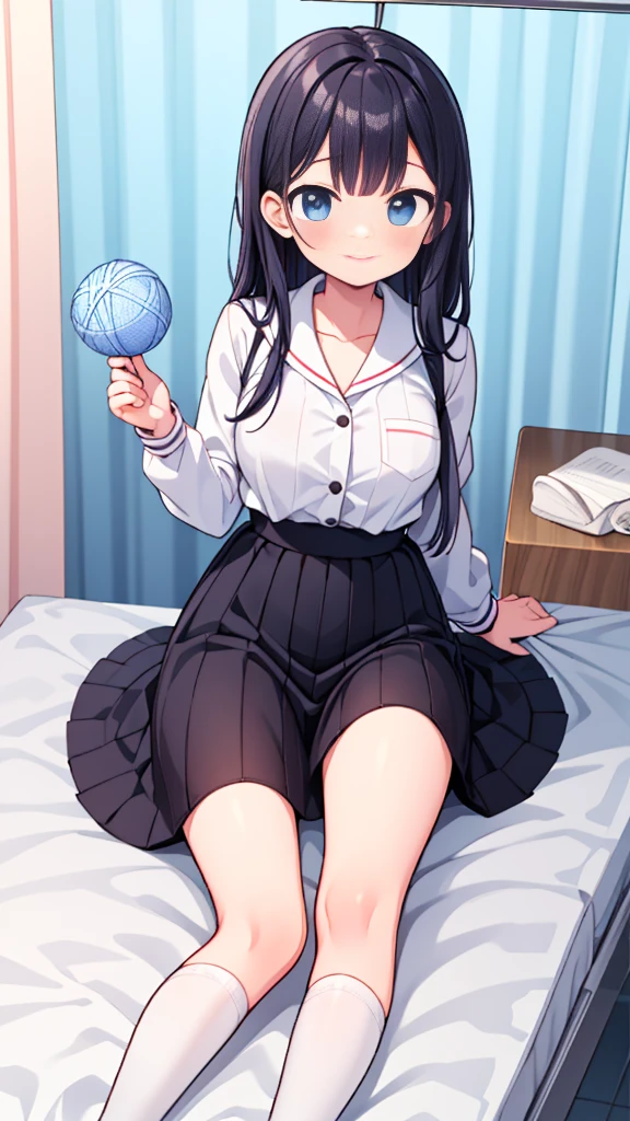 {Highest quality], [so beautiful], [Ultra-fine], [Best illustrations], Browsing Caution,Black Hair, Hime cut, Long Hair, With bangs, girl,high school student,uniform,knit,skirt,smile, blush, Slender women, Adult female,(public),,diagonal, Navy blue knee socks,Black Loafers.night,Health Room,Lying in bed feeling unwell