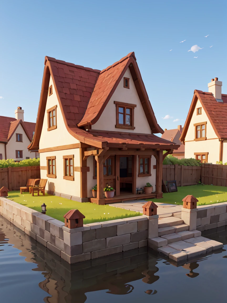  close up of a small house with a green roof, stylized 3d render, 3d render stylized, a multidimensional cozy house, stylized as a 3d render, medieval house, isometric 3d fantasy cute house, stylized 3d, 3d stylize scene, super detailed color lowpoly art, very very high detailed, medieval house, porch, balcony, half timbered house, stone, wood, green tiles