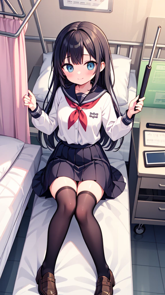 {Highest quality], [so beautiful], [Ultra-fine], [Best illustrations], Browsing Caution,Black Hair, Hime cut, Long Hair, With bangs, girl,high school student,uniform,knit,skirt,smile, blush, Slender women, Adult female,(public),,diagonal, Navy blue knee socks,Black Loafers.night,Health Room,Lying in bed feeling unwell