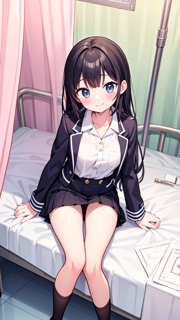 {Highest quality], [so beautiful], [Ultra-fine], [Best illustrations], Browsing Caution,Black Hair, Hime cut, Long Hair, With bangs, girl,high school student,uniform,knit,skirt,smile, blush, Slender women, Adult female,(public),,diagonal, Navy blue knee socks,Black Loafers.night,Health Room,Lying in bed feeling unwell