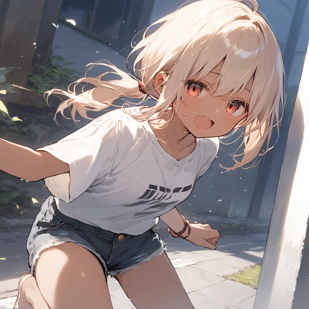score_9, score_8_up, score_7_up, source_anime, best quality, masterpiece, official art, absurdres, highres, ultra-detailed,waifu2x,Collection: Slice of Life,break,1girl, tomboy, dark-skinned female, short hair, low ponytail, small ,  beautiful detailed eyes, short shorts, sweat, open mouth, (yawn:0.3), sleepily, outdoors, wind, break,(clear line illustration:1.2),very high resolution, very aesthetic, super detailed skin, Best sexual ng powered by famous artist, 8k,cute picture,beauty illustration,photoshop_(medium),,(Detailed Lighting),best anime 8k konachan wallpaper, pixiv contest winner, 