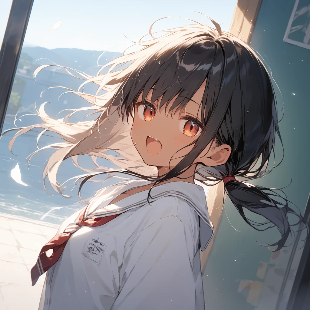 score_9, score_8_up, score_7_up, source_anime, best quality, masterpiece, official art, absurdres, highres, ultra-detailed,waifu2x,Collection: Slice of Life,break,1girl, tomboy, dark-skinned female, short hair, low ponytail, small breasts, beautiful detailed eyes, short shorts, sweat, open mouth, (yawn:0.3), sleepily, outdoors, wind, break,(clear line illustration:1.2),very high resolution, very aesthetic, super detailed skin, Best sexual lighting powered by famous artist, 8k,cute picture,beauty illustration,photoshop_(medium),,(Detailed Lighting),best anime 8k konachan wallpaper, pixiv contest winner,
