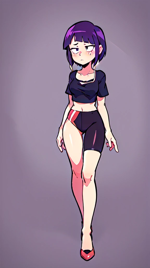 kyoka jiro, 1girl, solo, breasts, blush, short hair, bangs, simple forest background, small croptop, black spandex, high heels, closed mouth, purple eyes, collarbone, full body, purple hair, short sleeves, blunt bangs, looking away, long earlobes 