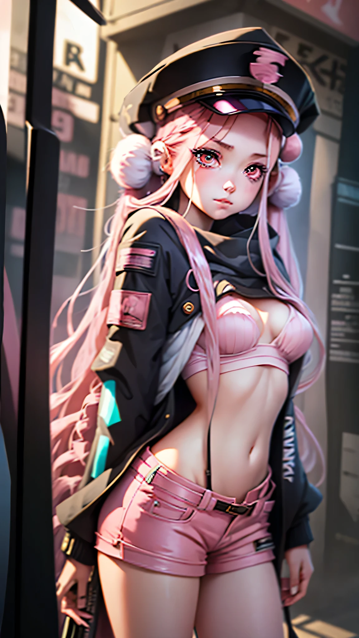 Beautiful woman medium hair, Wearing a hat, Cyberpunk Shorts,masterpiece, Highest quality, High resolution, (An illustration),{Detailed and beautiful eyes}, finely,  Detailed and beautiful eyes,Pink Eyes,(((Long pink hair))),(Small breasts),Kunimi Tama,