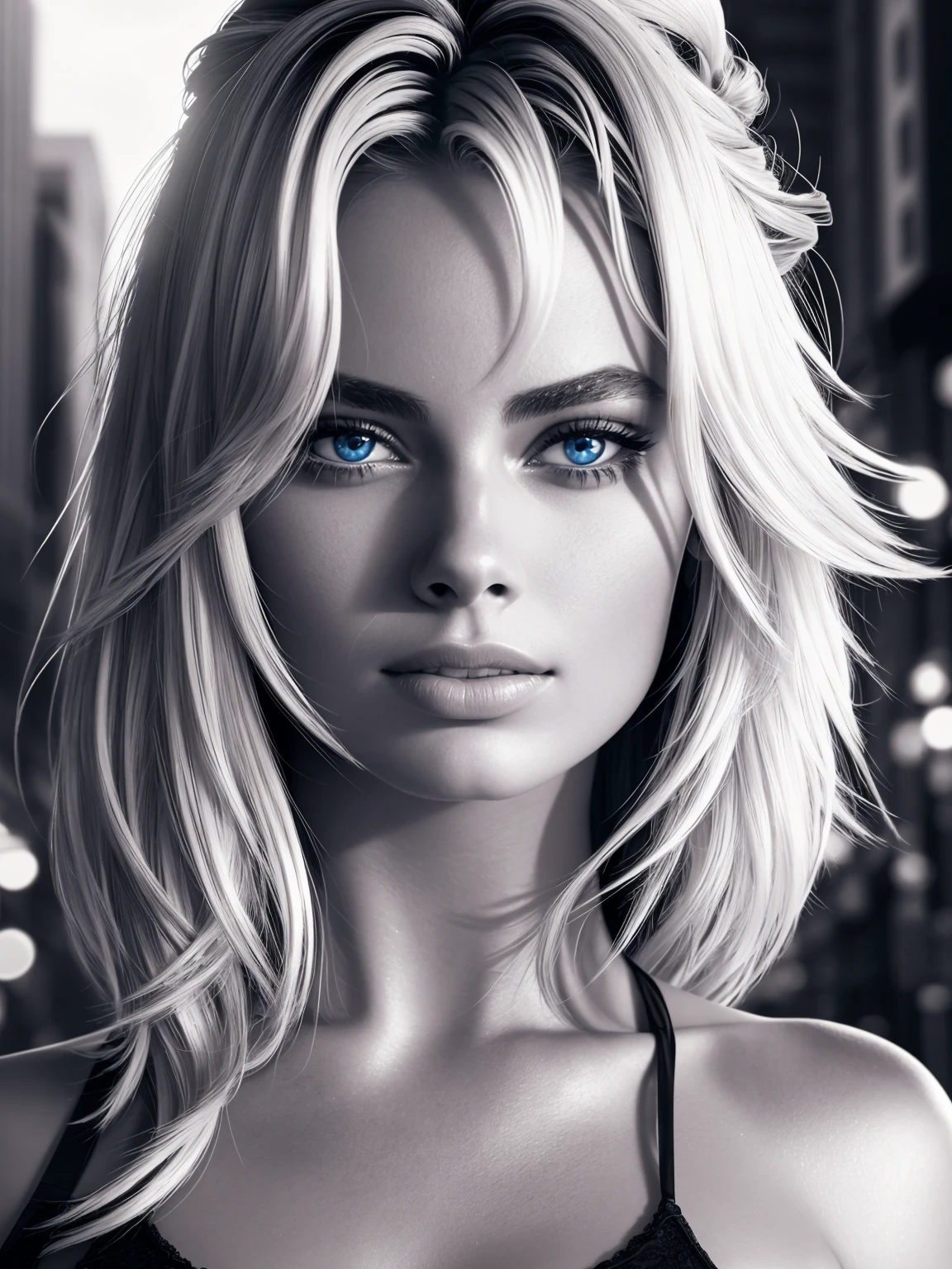 1 girl, fit body, in new york, neon signs, high resolution, ultrasharp face and eyes, 8k, sensual look, hands not showing, upper body, Margot Robbie, long blonde hair, smooth, symetric eyes, detailed face, black and white image, diamond  blue eyes
