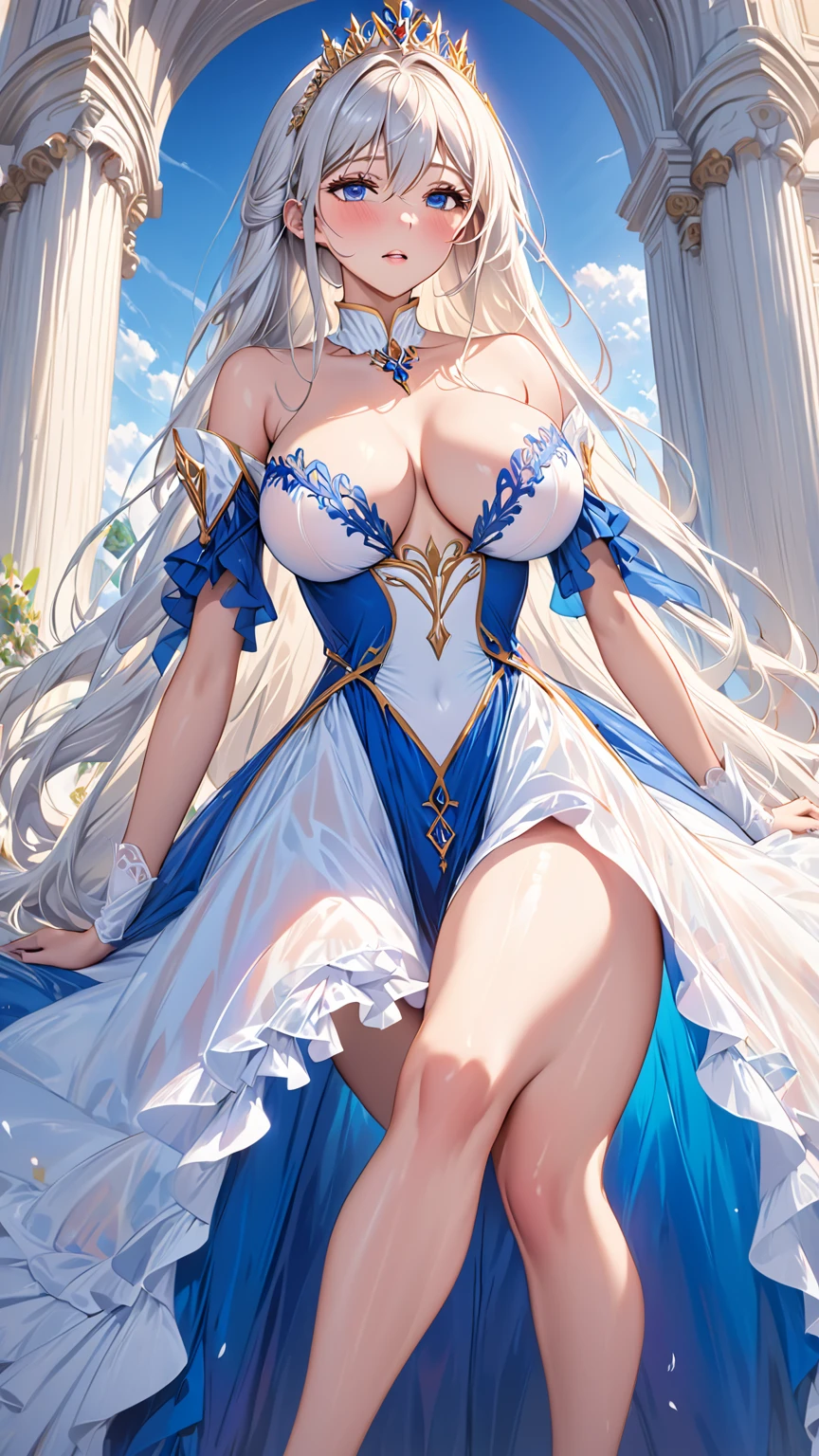 masterpiece:1.4,best-quality,Super Detail,Very Delicate and Beautiful, ((( nsfw, beautiful slutty woman with spread legs, royalty princess color dress, orgasm. thong ))), long hair, very gigantic breasts, cleavage, very slender, off-shoulder, perfect face, beautiful eyes, perfect body, public indecency