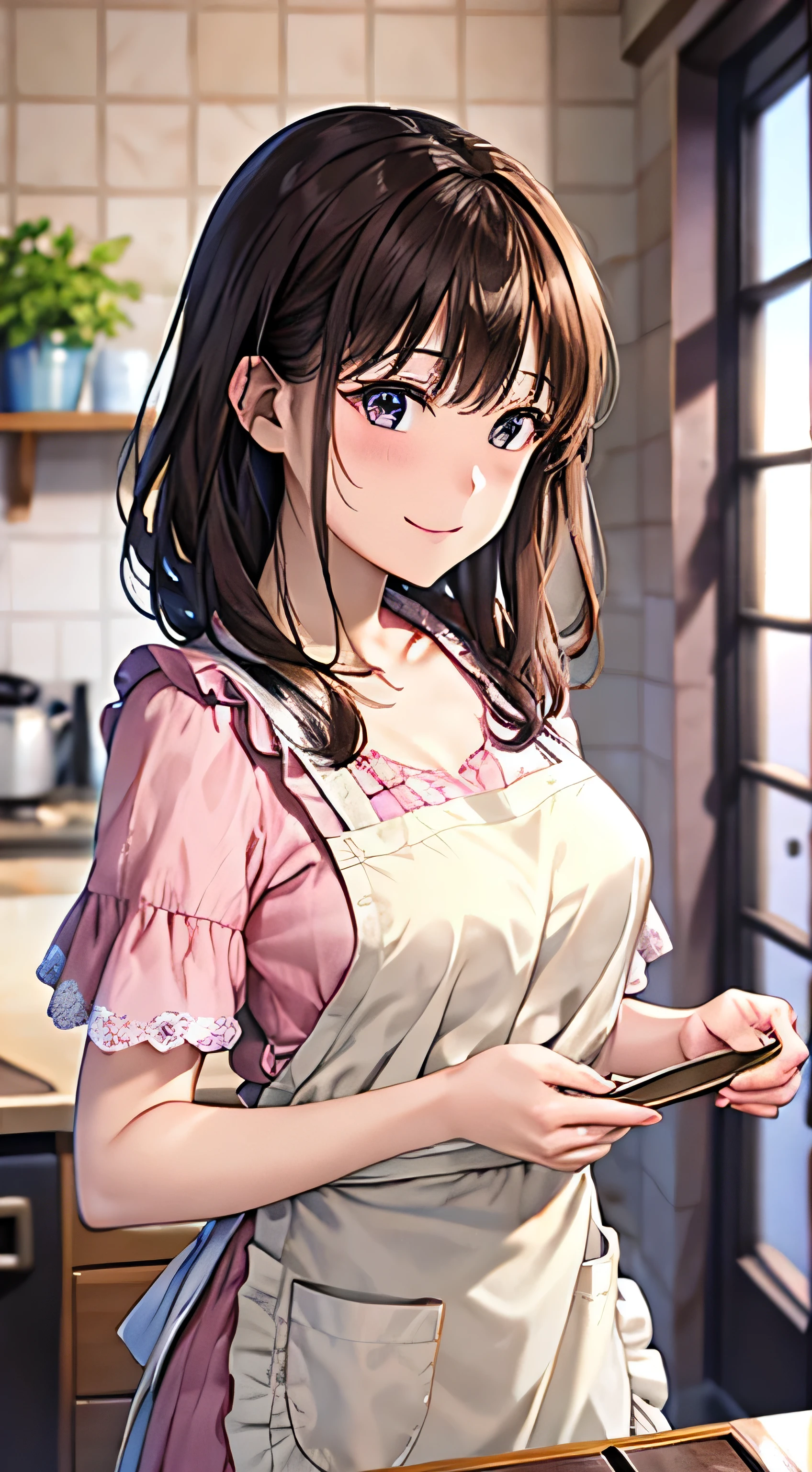 ((Tabletop, Highest quality, High resolution, , Pixel Perfect, 4K,))), One beautiful woman, private teacher、The whole body is visible、 ((Mid-wave hair, bangs, Brown Hair)), ((Brown eyes, Beautiful eyelashes, Realistic eyes)), ((Detailed face, Blushing:1.2)), ((Smooth texture:0.75, Realistic texture:0.65, Realistic:1.1, Anime CG Style)), Medium size chest, Dynamic Angle, Perfect body, (( , , 、White frilly apron, No bra、))、Cooking in the kitchen、、I can see all your pants、Very embarrassing panic smile, 、、、、(Pink floral lace panties are visible、)、Angle from below)、