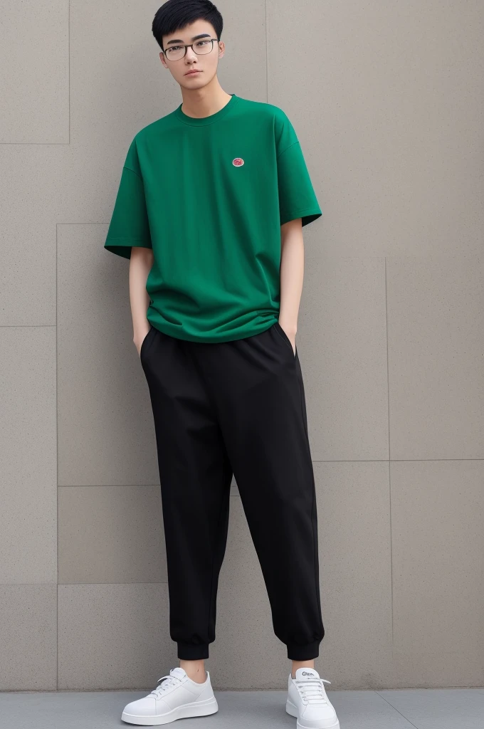 21 year old Beijing boy, he is wearing a oversize xxl green plain t-shirt, he is wearing black trousers, he is wearing sneakers, he is wearing glasses, city, full body,  he is buzz cut Hair, foot, walking 